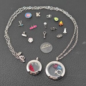 Origami Owl Floating Locket Necklace Set Silver Tone Charms Chicago Cubs Faith